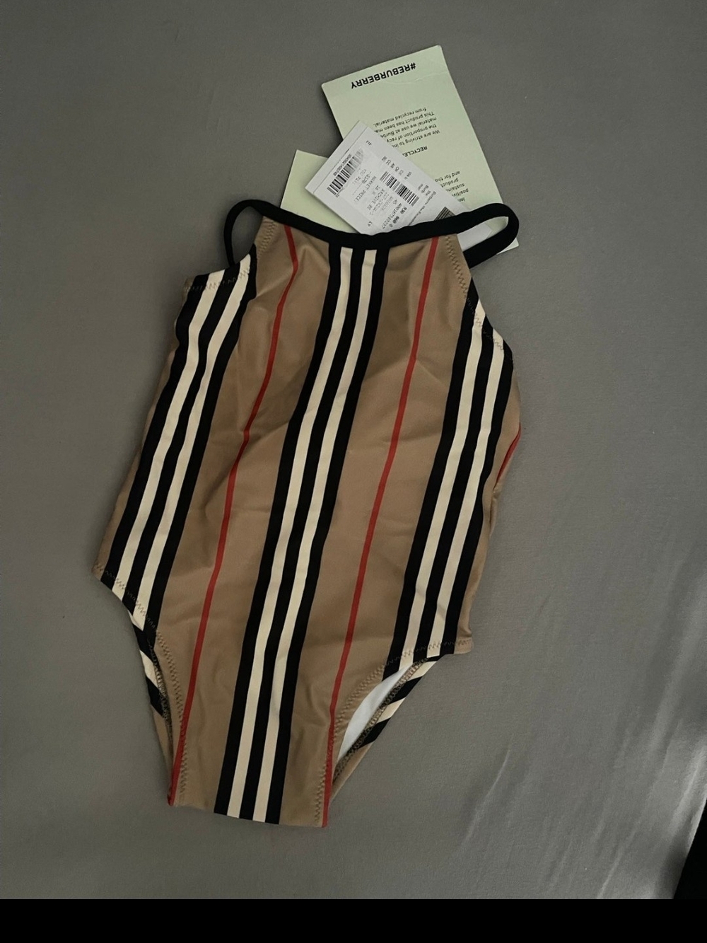 Striped One-Piece Swimsuit in Tan, Black, White & Red